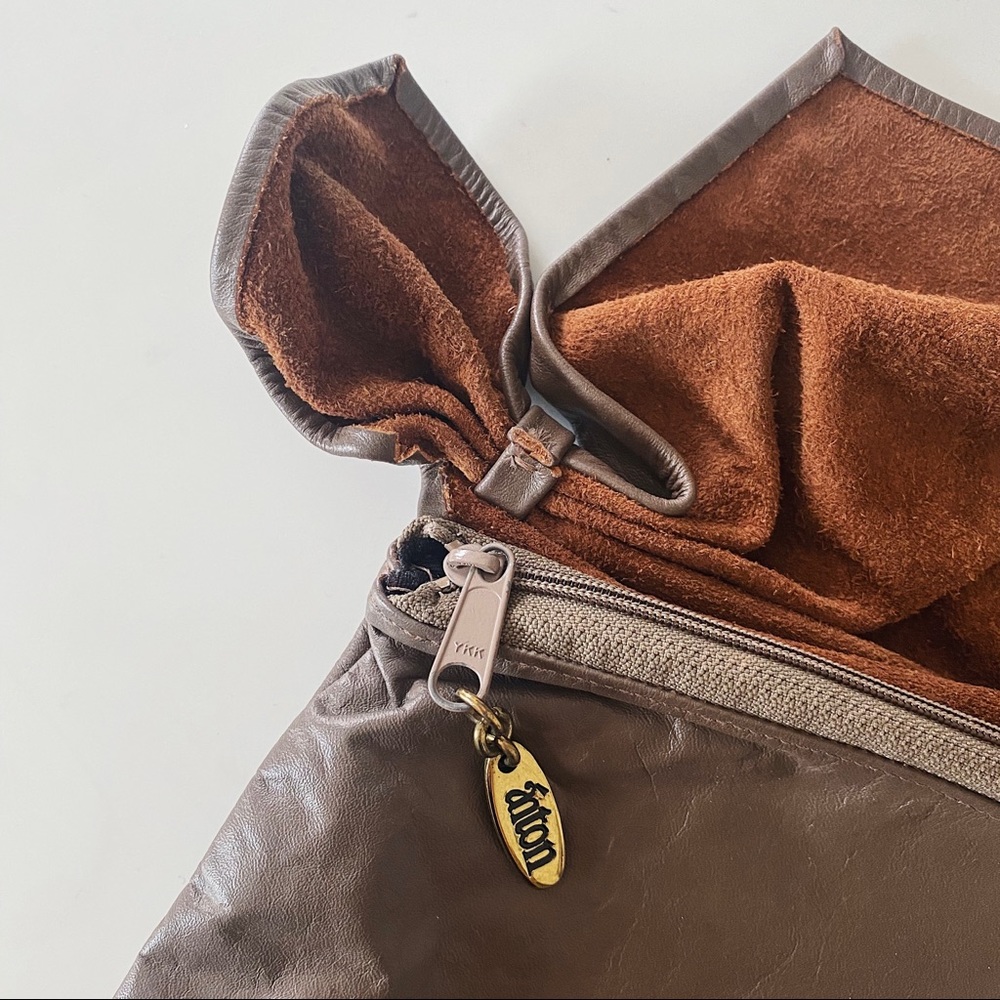 taupe brown leather foldover clutch - pleated knot bow detail handbag - Picture 4 of 8
